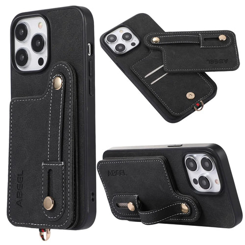 ABEEL Style 03 For iPhone 14 Pro Max PU Leather Coated TPU+PC Shell Card Slots Litchi Texture Phone Kickstand Cover - Black - 1