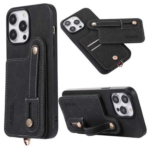 ABEEL Style 03 For iPhone 14 Pro Max PU Leather Coated TPU+PC Shell Card Slots Litchi Texture Phone Kickstand Cover - Black - 1