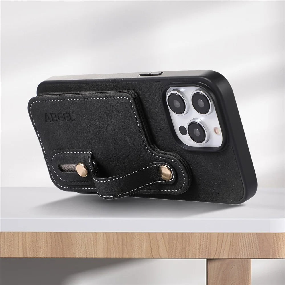 ABEEL Style 03 For iPhone 14 Pro Max PU Leather Coated TPU+PC Shell Card Slots Litchi Texture Phone Kickstand Cover - Black - 2