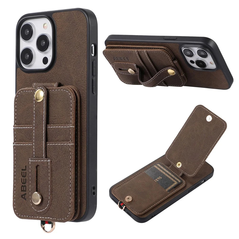 ABEEL Style 02 For iPhone 14 Pro Kickstand Case Card Slots Litchi Texture PU Leather Coated TPU+PC Phone Cover - Khaki - 1