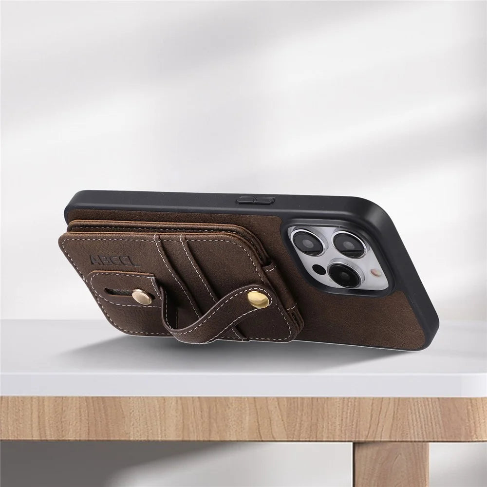 ABEEL Style 02 For iPhone 14 Pro Kickstand Case Card Slots Litchi Texture PU Leather Coated TPU+PC Phone Cover - Khaki - 2