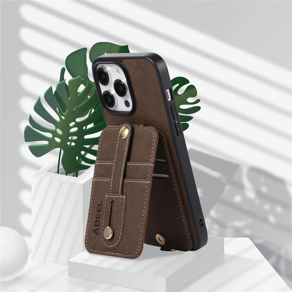 ABEEL Style 02 For iPhone 14 Pro Kickstand Case Card Slots Litchi Texture PU Leather Coated TPU+PC Phone Cover - Khaki - 3