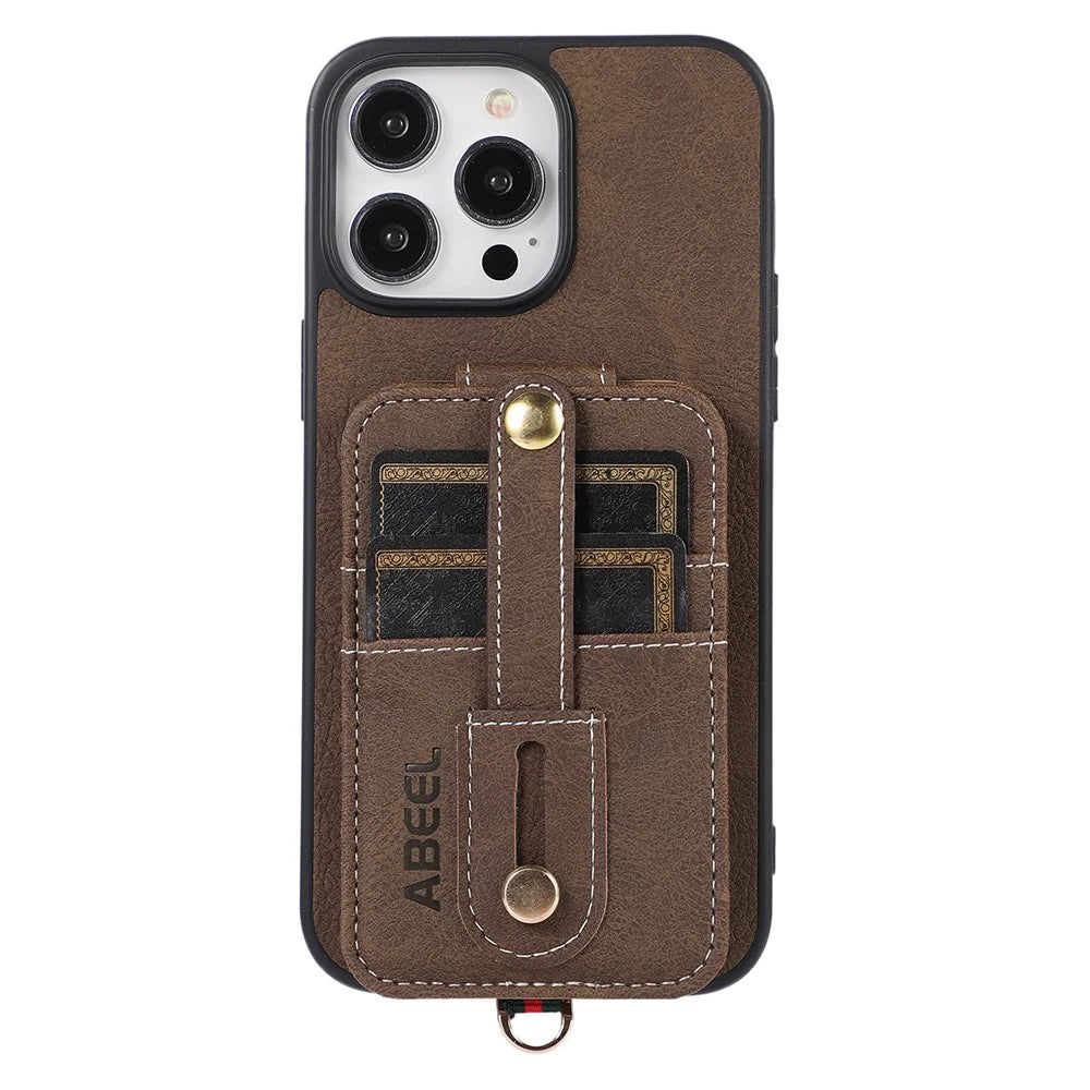 ABEEL Style 02 For iPhone 14 Pro Kickstand Case Card Slots Litchi Texture PU Leather Coated TPU+PC Phone Cover - Khaki - 6