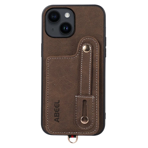 ABEEL Style 03 For iPhone 14 Plus Back Shell with Card Slots PU Leather Coated TPU+PC Litchi Texture Phone Kickstand Cover - Khaki - 1