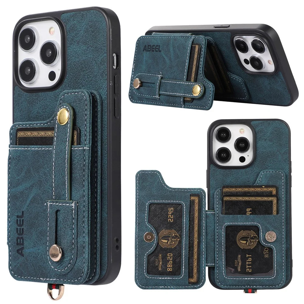 ABEEL Style 01 For iPhone 14 Pro Kickstand Case Litchi Texture PU Leather Coated TPU+PC Phone Cover with Card Slots - Blue - 1