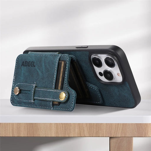 ABEEL Style 01 For iPhone 14 Pro Kickstand Case Litchi Texture PU Leather Coated TPU+PC Phone Cover with Card Slots - Blue - 2