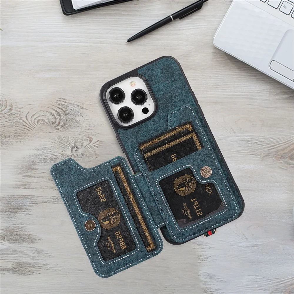 ABEEL Style 01 For iPhone 14 Pro Kickstand Case Litchi Texture PU Leather Coated TPU+PC Phone Cover with Card Slots - Blue - 3