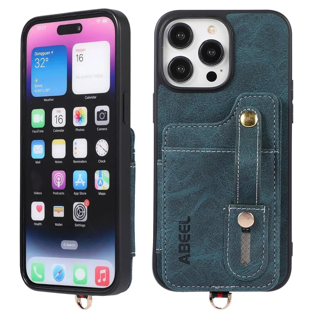 ABEEL Style 01 For iPhone 14 Pro Kickstand Case Litchi Texture PU Leather Coated TPU+PC Phone Cover with Card Slots - Blue - 4