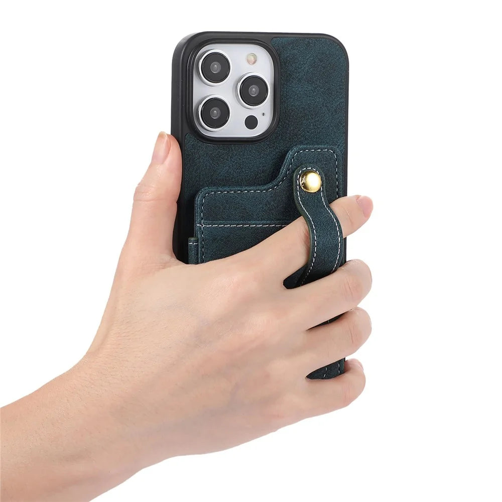 ABEEL Style 01 For iPhone 14 Pro Kickstand Case Litchi Texture PU Leather Coated TPU+PC Phone Cover with Card Slots - Blue - 5