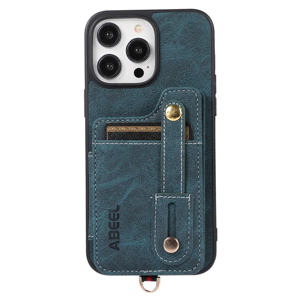 ABEEL Style 01 For iPhone 14 Pro Kickstand Case Litchi Texture PU Leather Coated TPU+PC Phone Cover with Card Slots - Blue - 6