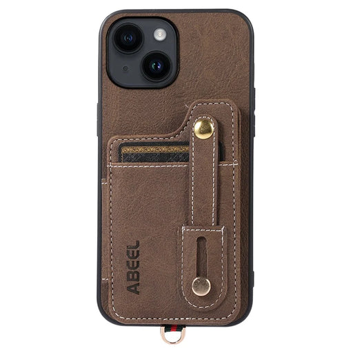 ABEEL Style 01 Kickstand Case for iPhone 14 , Litchi Texture PU Leather Coated TPU+PC Phone Cover with Card Slots - Khaki - 1