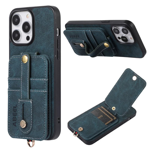 ABEEL Style 02 For iPhone 14 Pro Max Card Slots Kickstand Case Litchi Texture PU Leather Coated TPU+PC Phone Cover - Blue - 1
