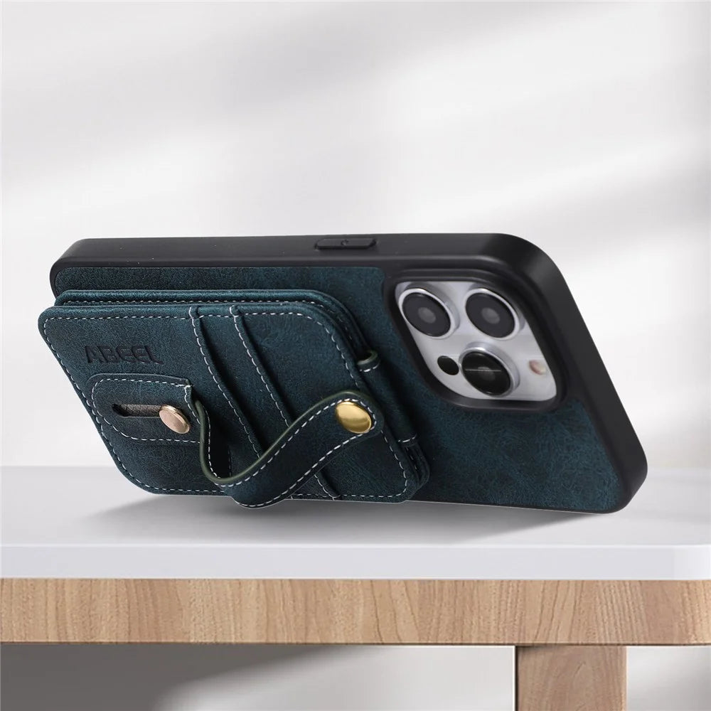 ABEEL Style 02 For iPhone 14 Pro Max Card Slots Kickstand Case Litchi Texture PU Leather Coated TPU+PC Phone Cover - Blue - 2