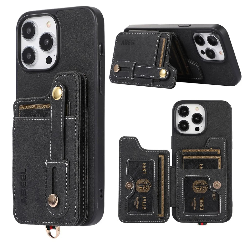 ABEEL Style 01 Kickstand Cover for iPhone 14 Pro Max , PU Leather Coated TPU+PC Card Holder RFID Blocking Phone Case - Black - 1