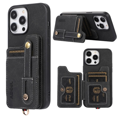 ABEEL Style 01 Kickstand Cover for iPhone 14 Pro Max , PU Leather Coated TPU+PC Card Holder RFID Blocking Phone Case - Black - 1