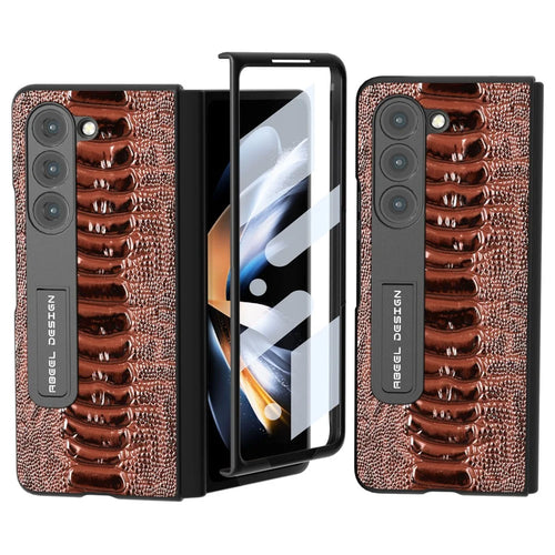 ABEEL For Samsung Galaxy Z Fold5 5G Genuine Cow Leather+PC Phone Case Crocodile Texture Kickstand Protective Cover with Front Screen Film - Brown - 1