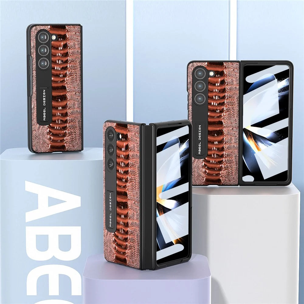 ABEEL For Samsung Galaxy Z Fold5 5G Genuine Cow Leather+PC Phone Case Crocodile Texture Kickstand Protective Cover with Front Screen Film - Brown - 3