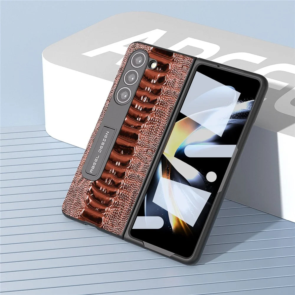 ABEEL For Samsung Galaxy Z Fold5 5G Genuine Cow Leather+PC Phone Case Crocodile Texture Kickstand Protective Cover with Front Screen Film - Brown - 4