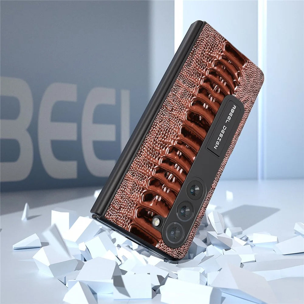 ABEEL For Samsung Galaxy Z Fold5 5G Genuine Cow Leather+PC Phone Case Crocodile Texture Kickstand Protective Cover with Front Screen Film - Brown - 5