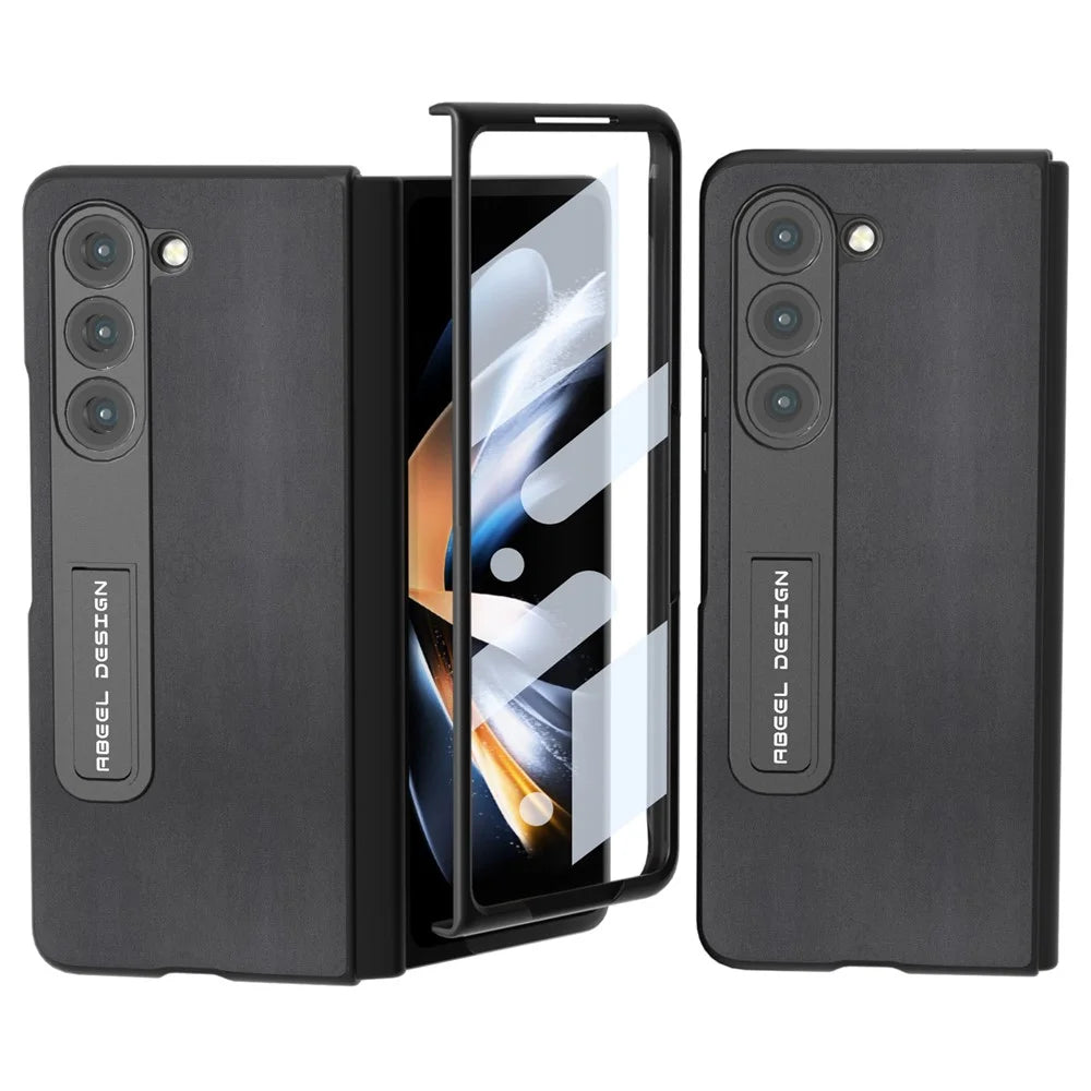 ABEEL For Samsung Galaxy Z Fold5 5G Kickstand Back Cover Nappa Texture Genuine Cow Leather+PC Phone Case with Front Screen Film - Black - 1
