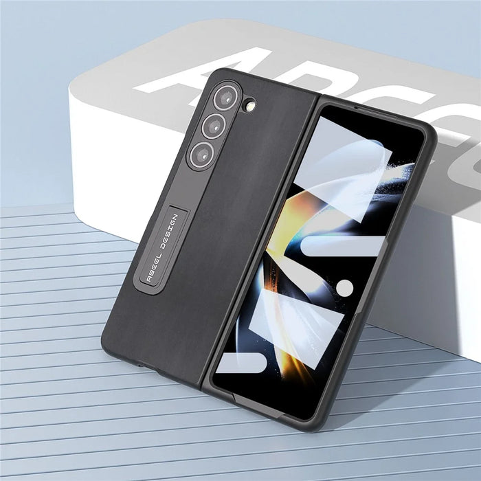 ABEEL For Samsung Galaxy Z Fold5 5G Kickstand Back Cover Nappa Texture Genuine Cow Leather+PC Phone Case with Front Screen Film - Black - 4