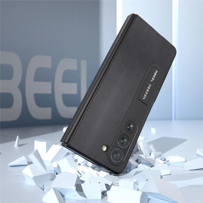 ABEEL For Samsung Galaxy Z Fold5 5G Kickstand Back Cover Nappa Texture Genuine Cow Leather+PC Phone Case with Front Screen Film - Black - 5
