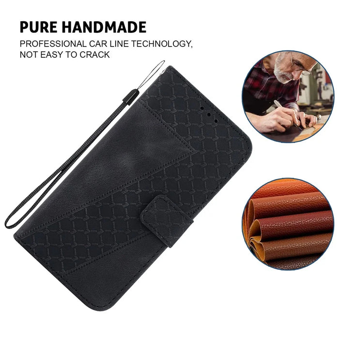 For iPhone 15 PU Leather Phone Case Stand Cover Imprinted 7-Shape Pattern Wallet Flip Phone Shell Cover - Black - 4
