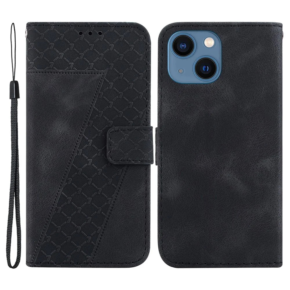 For iPhone 15 Pro Max Imprinted 7-Shape Pattern Shell PU Leather Phone Case Stand Cover Wallet Flip Phone Cover - Black - 1