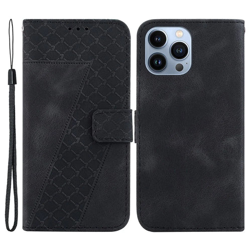 Slim-Fit Cover for iPhone 13 Pro Max , Stand Imprinted Pattern Wallet PU Leather Shockproof Phone Case - Black - 1