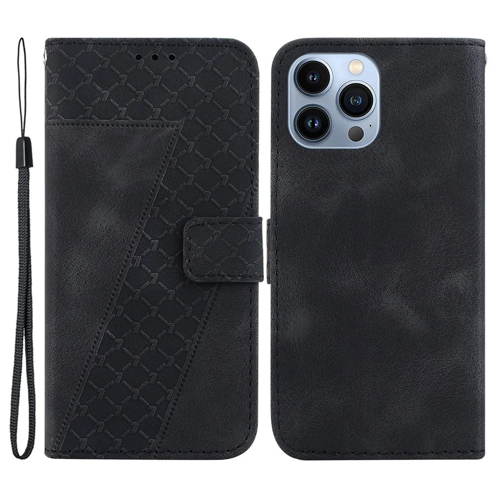 Slim-Fit Cover for iPhone 13 Pro Max , Stand Imprinted Pattern Wallet PU Leather Shockproof Phone Case - Black - 1