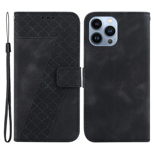 For iPhone 13 Pro 6.1 inch PU Leather Wallet Case 7-Shape Imprinted Phone Cover with Stand - Black - 1