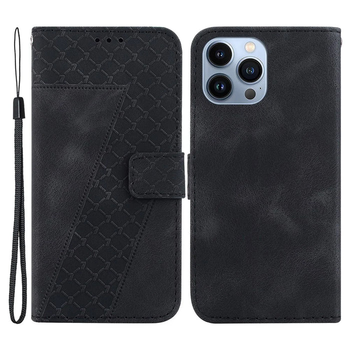 For iPhone 13 Pro 6.1 inch PU Leather Wallet Case 7-Shape Imprinted Phone Cover with Stand - Black - 1