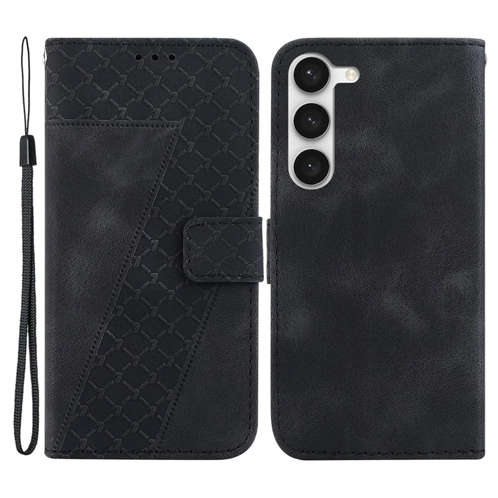 For Samsung Galaxy S23 Full Protection Leather Case 7-Shape Imprinted Wallet Stand Phone Cover - Black - 1