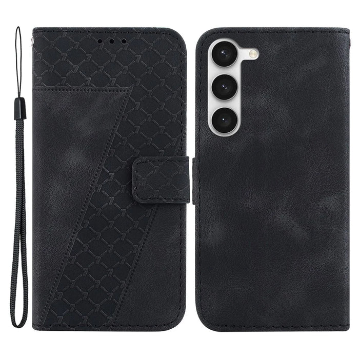 For Samsung Galaxy S23 Full Protection Leather Case 7-Shape Imprinted Wallet Stand Phone Cover - Black - 1