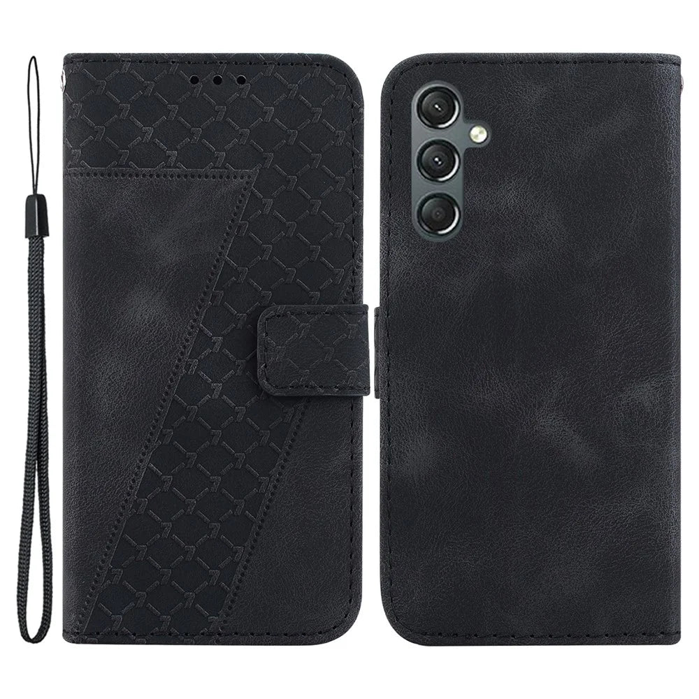 For Samsung Galaxy A24 4G (162.1 x 77.6 x 8.3mm) 7-Shape Imprinted Cell Phone Case Anti-scratch Wallet Stand Leather Cover - Black - 1