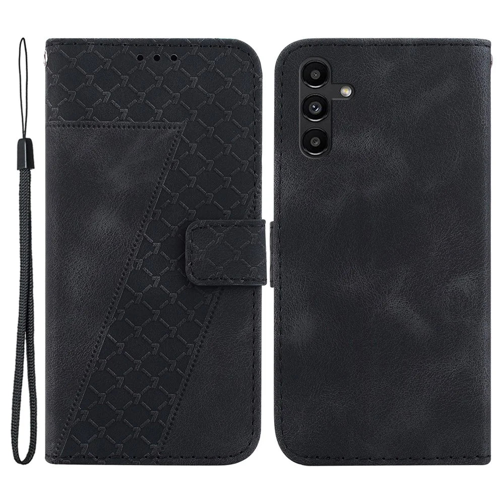 For Samsung Galaxy A13 5G Anti-drop PU Leather Cover 7-Shape Imprinted Phone Case with Wallet Stand - Black - 1