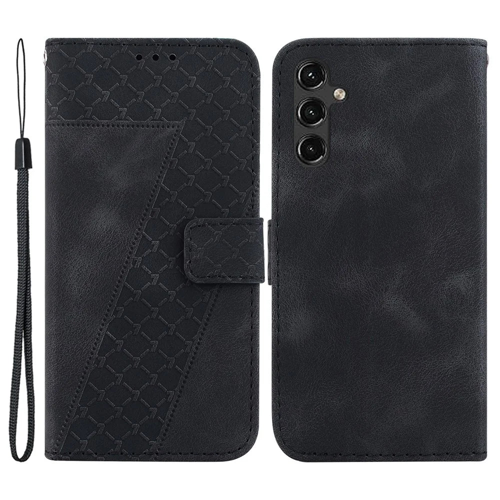 For Samsung Galaxy A14 5G / A14 4G 7-Shape Imprinted Leather Wallet Cover Flip Stand Anti-scratch Phone Case - Black - 1