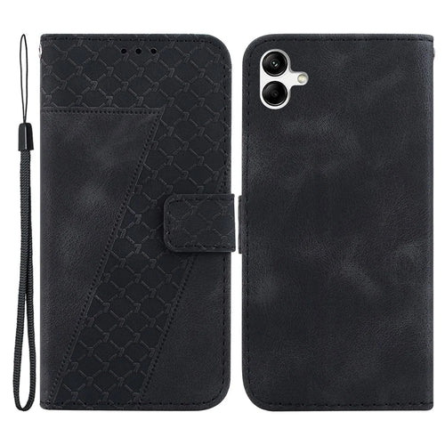 For Samsung Galaxy A04e 4G / F04 4G / M04 4G 7-Shape Imprinted Phone Case Anti-fall Leather Wallet Stand Shell - Black - 1