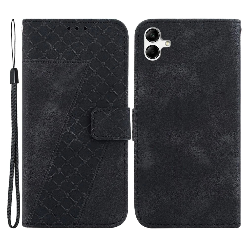 For Samsung Galaxy A04e 4G / F04 4G / M04 4G 7-Shape Imprinted Phone Case Anti-fall Leather Wallet Stand Shell - Black - 1
