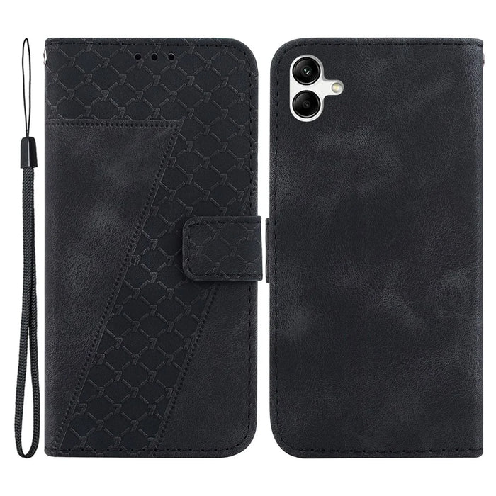 For Samsung Galaxy A04e 4G / F04 4G / M04 4G 7-Shape Imprinted Phone Case Anti-fall Leather Wallet Stand Shell - Black - 1