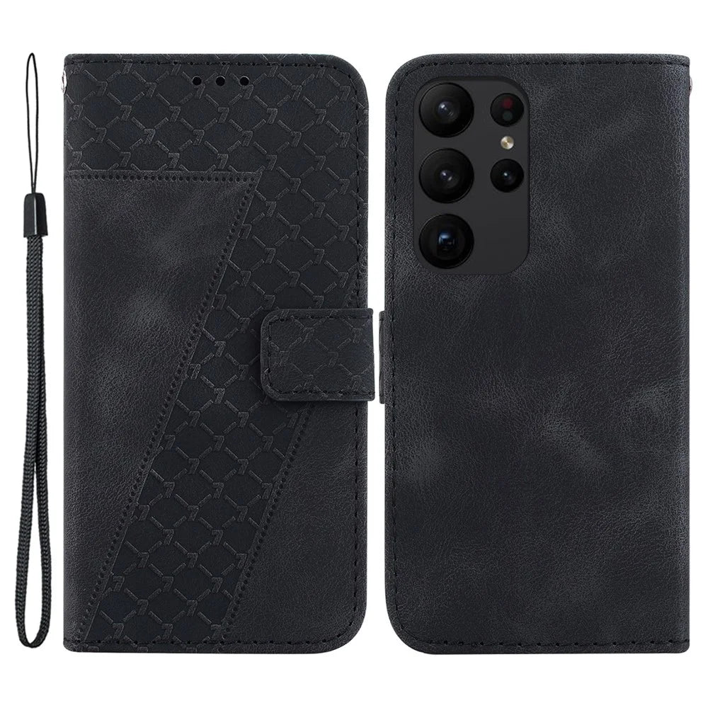 For Samsung Galaxy S23 Ultra PU Leather Drop-proof Phone Case 7-Shape Imprinted Wallet Stand Cover - Black - 1