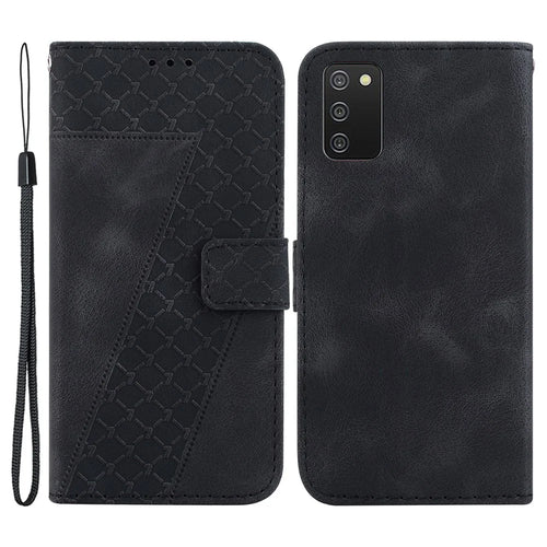 For Samsung Galaxy A03s (166.5mm) 7-Shape Imprinted PU Leather Phone Case Wallet Stand Cover - Black - 1