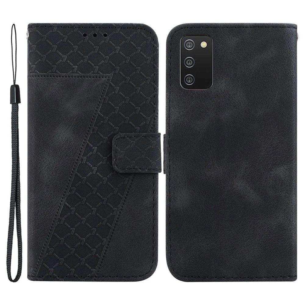 For Samsung Galaxy A03s (166.5mm) 7-Shape Imprinted PU Leather Phone Case Wallet Stand Cover - Black - 1