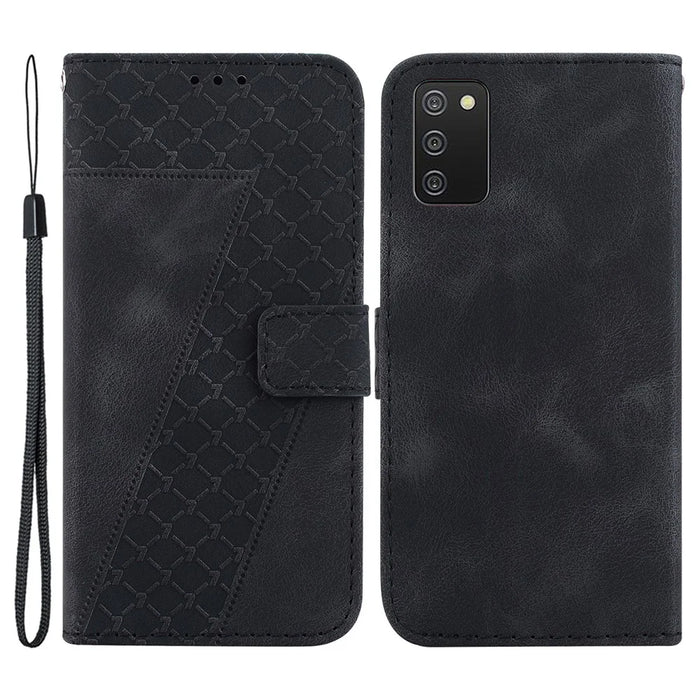 For Samsung Galaxy A03s (166.5mm) 7-Shape Imprinted PU Leather Phone Case Wallet Stand Cover - Black - 1