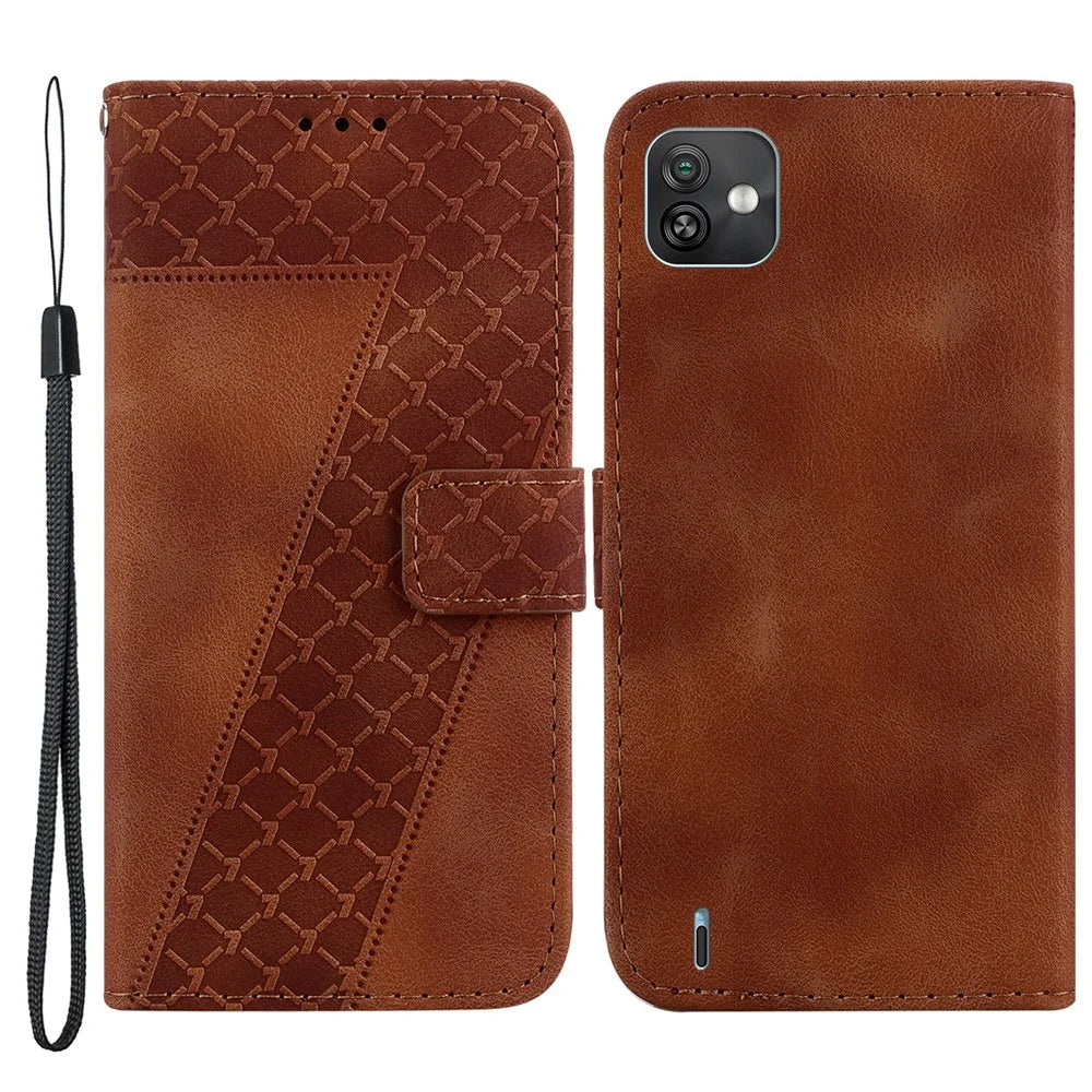For Wiko Y82 Imprinted 7-Shape Pattern Leather Phone Case Flip Stand Wallet Cover - Brown - 1