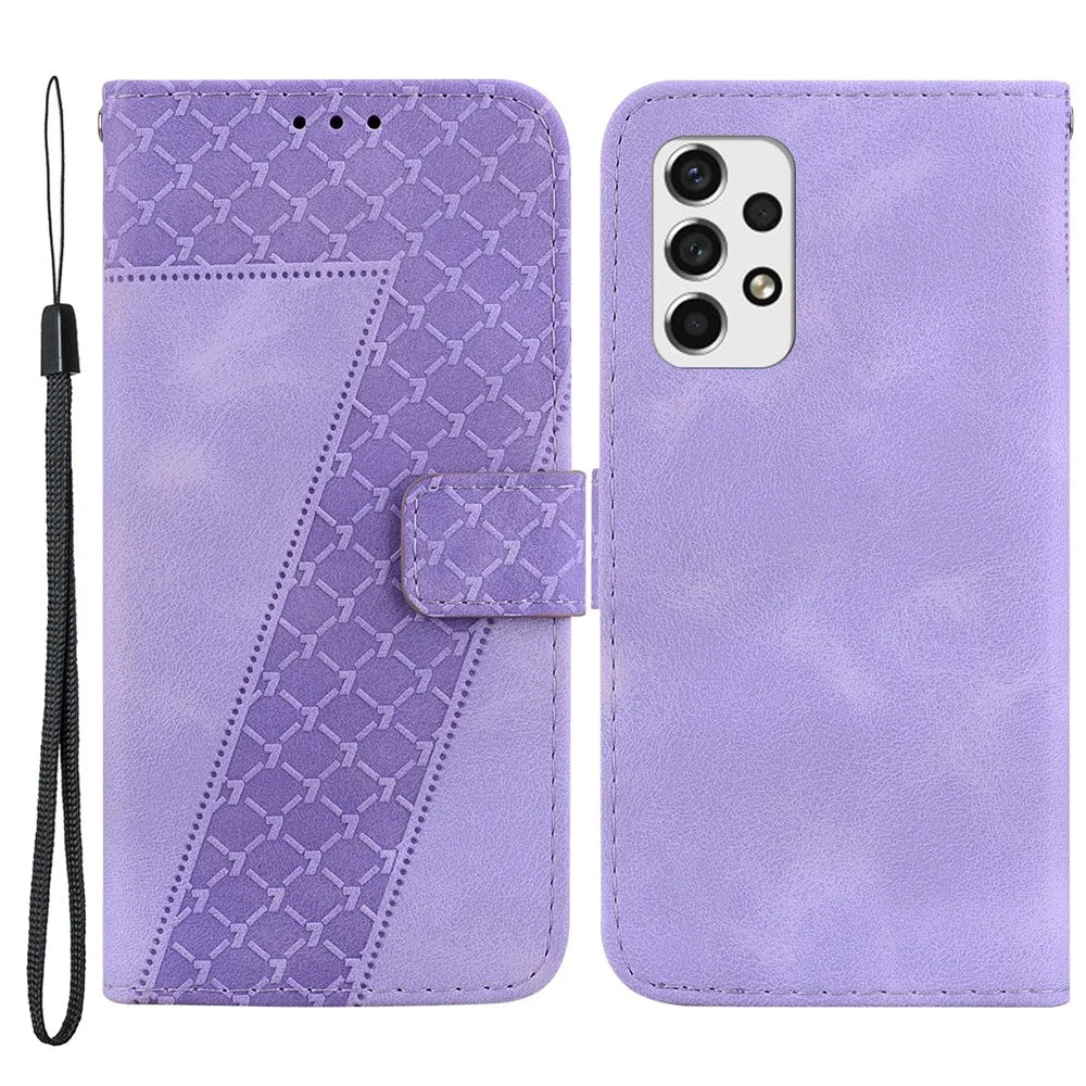 For Samsung Galaxy A33 5G 7-Shape Imprinted Anti-collision Phone Case Leather Wallet Stand Shell - Purple - 1