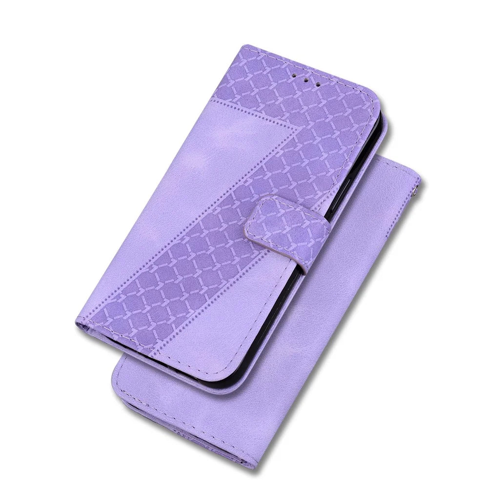 For Samsung Galaxy A33 5G 7-Shape Imprinted Anti-collision Phone Case Leather Wallet Stand Shell - Purple - 7