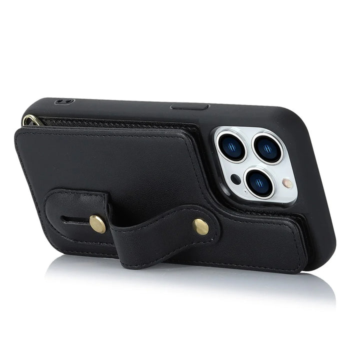 For iPhone 15 Pro Max Card Slots Kickstand Case PU Leather Coated TPU Phone Cover with Shoulder Strap - Black - 2