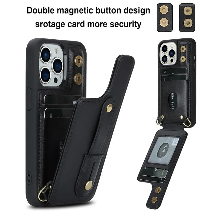 For iPhone 15 Pro Max Card Slots Kickstand Case PU Leather Coated TPU Phone Cover with Shoulder Strap - Black - 3