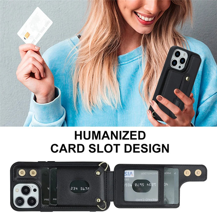 For iPhone 15 Pro Max Card Slots Kickstand Case PU Leather Coated TPU Phone Cover with Shoulder Strap - Black - 4